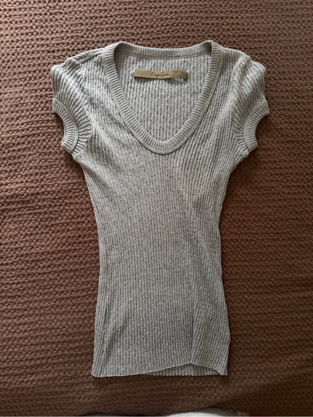 Enza Costa Ribbed V-Neck Tank Top - Light Gray